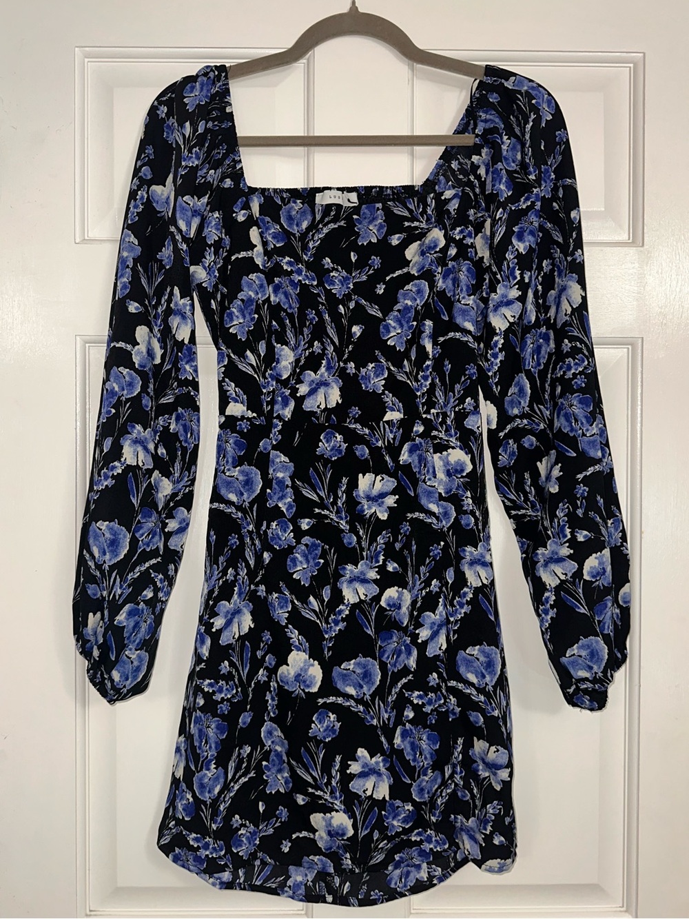 Lush Blue Floral Long-Sleeve Square-Neck and Open Mid Back Mini Dress